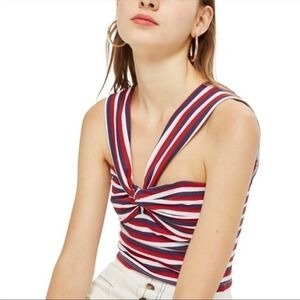 TOPSHOP Red, White & Blue Striped Knotted Crop Top Size 2